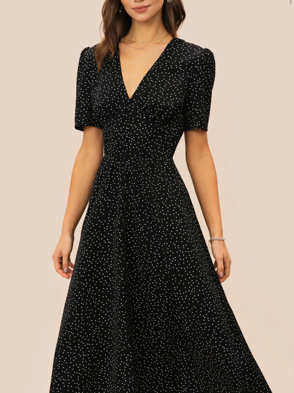 RIHOAS Black & White Polka Dot V-Neck Midi Dress